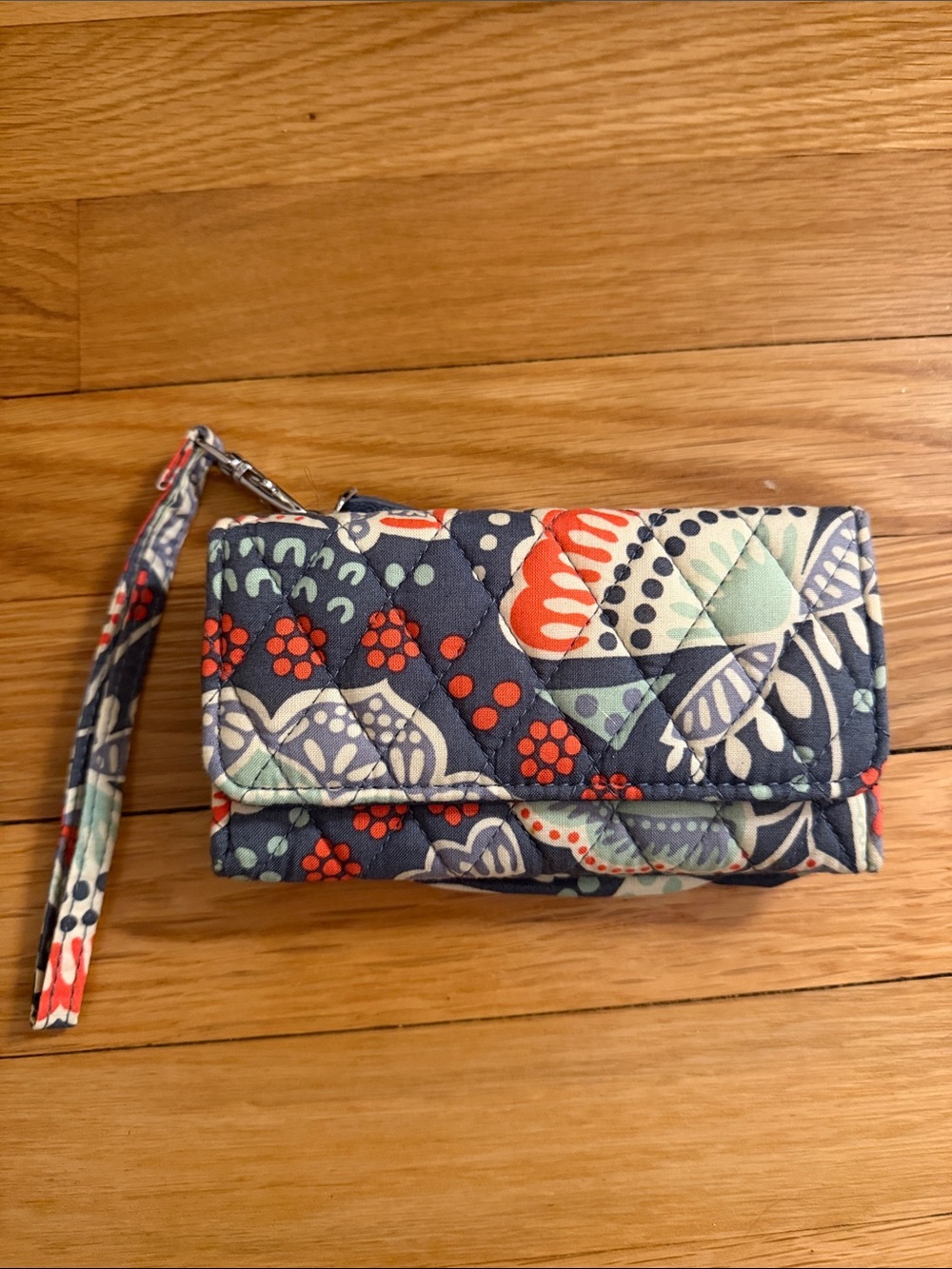 Quilted Floral Wristlet Wallet in Navy and Coral